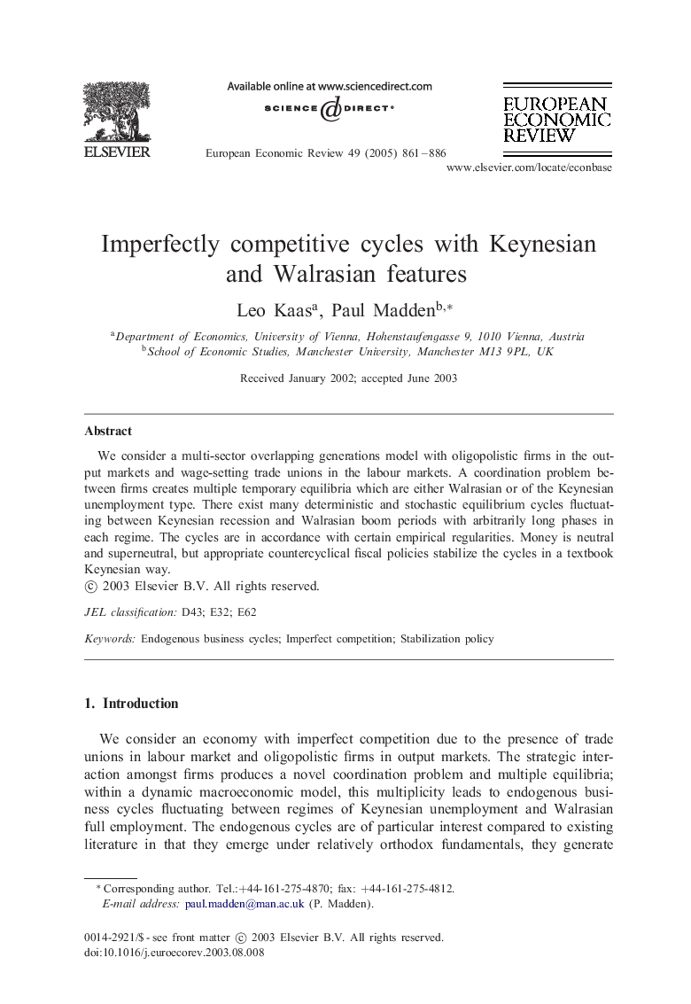 Imperfectly competitive cycles with Keynesian and Walrasian features