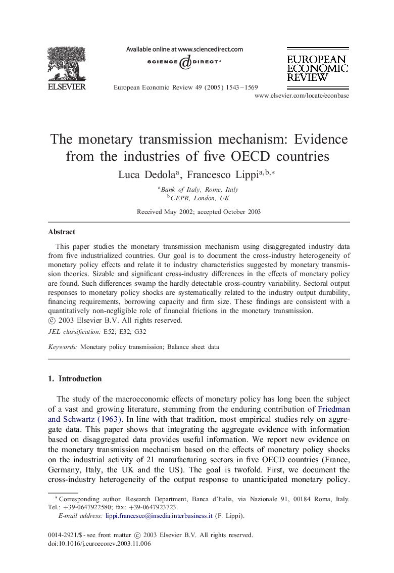 The monetary transmission mechanism: Evidence from the industries of five OECD countries