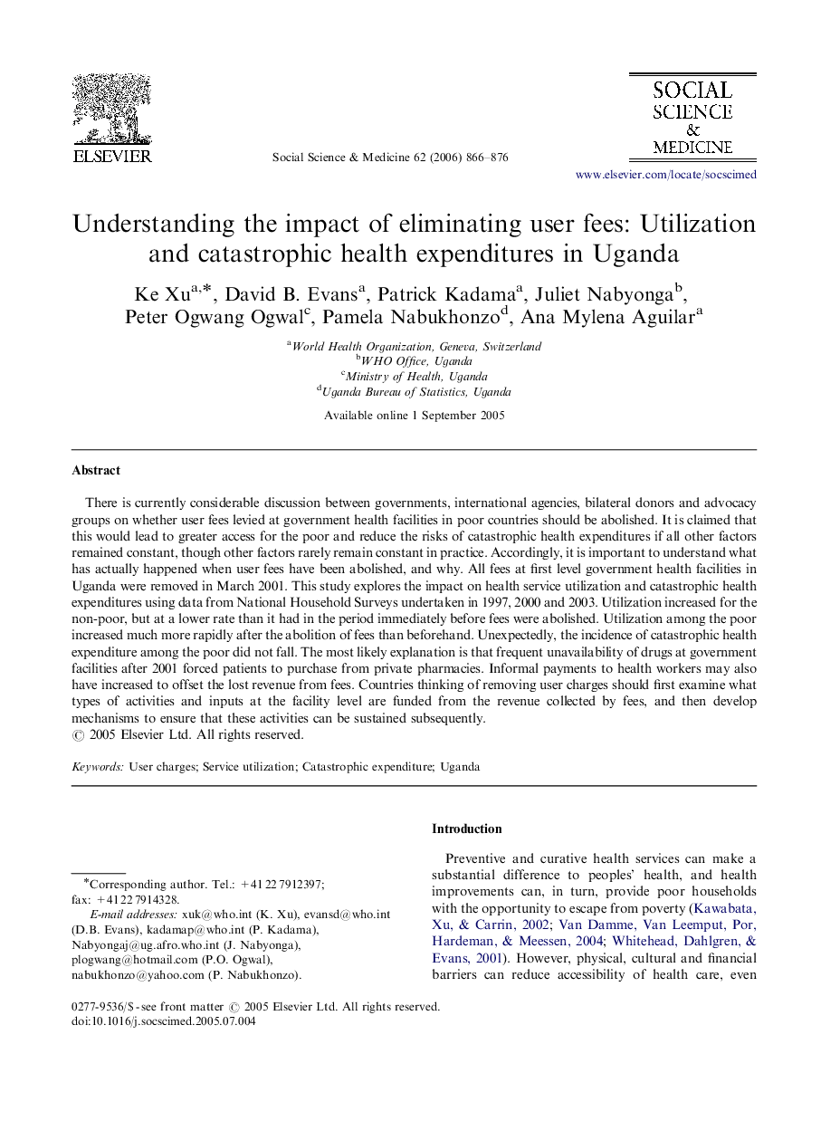 Understanding the impact of eliminating user fees: Utilization and catastrophic health expenditures in Uganda