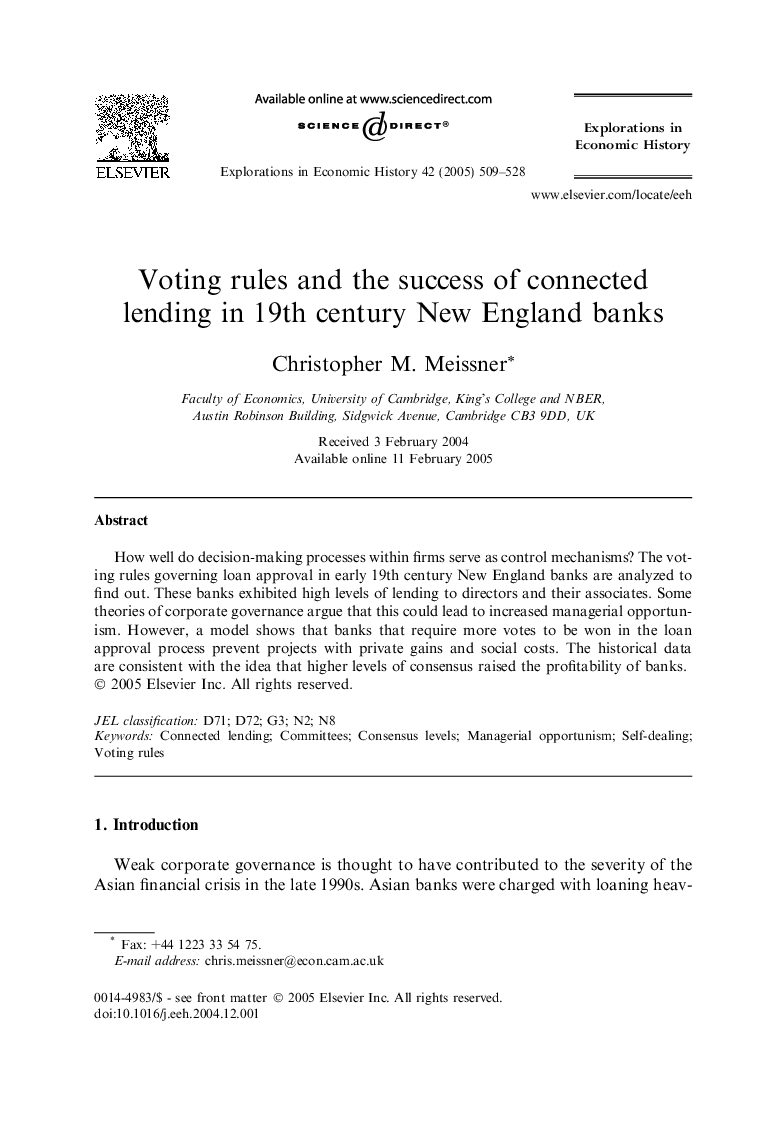Voting rules and the success of connected lending in 19th century New England banks
