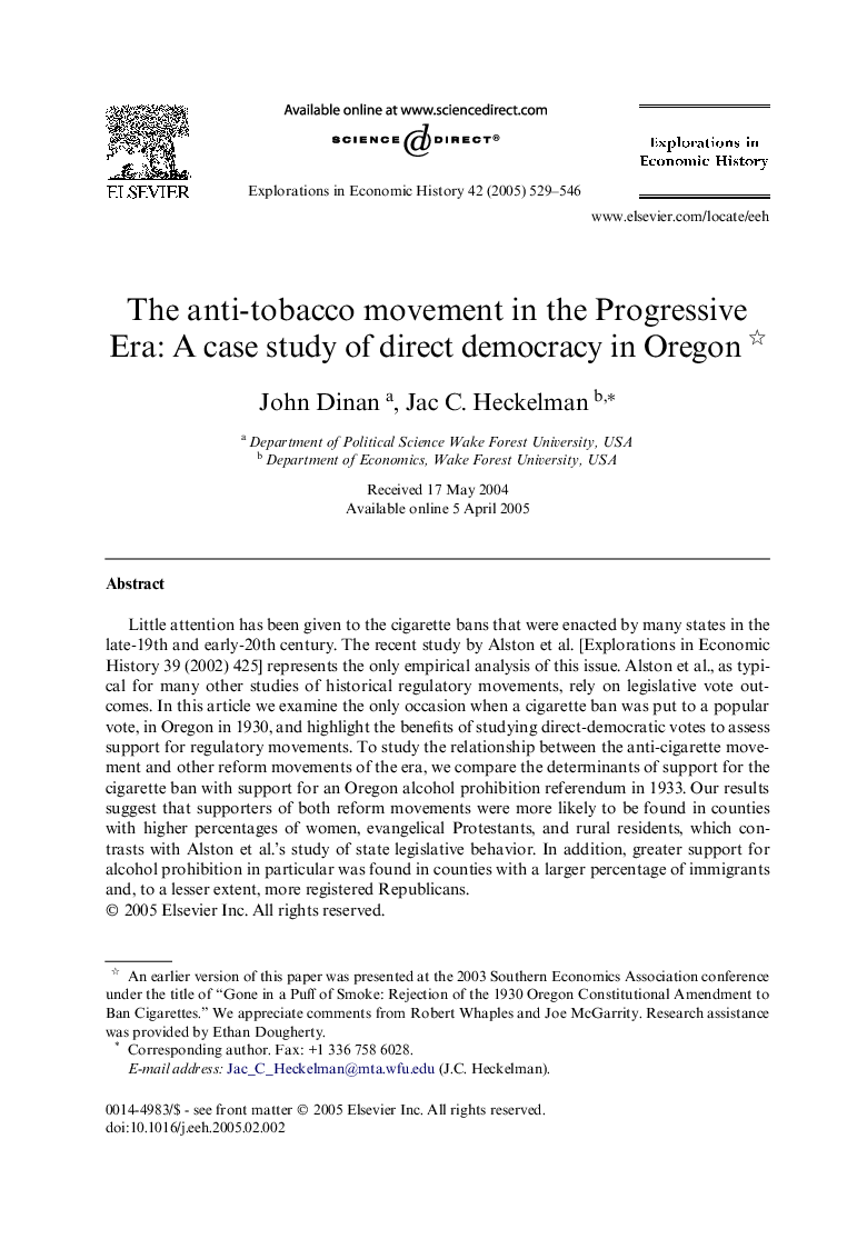 The anti-tobacco movement in the Progressive Era: A case study of direct democracy in Oregon