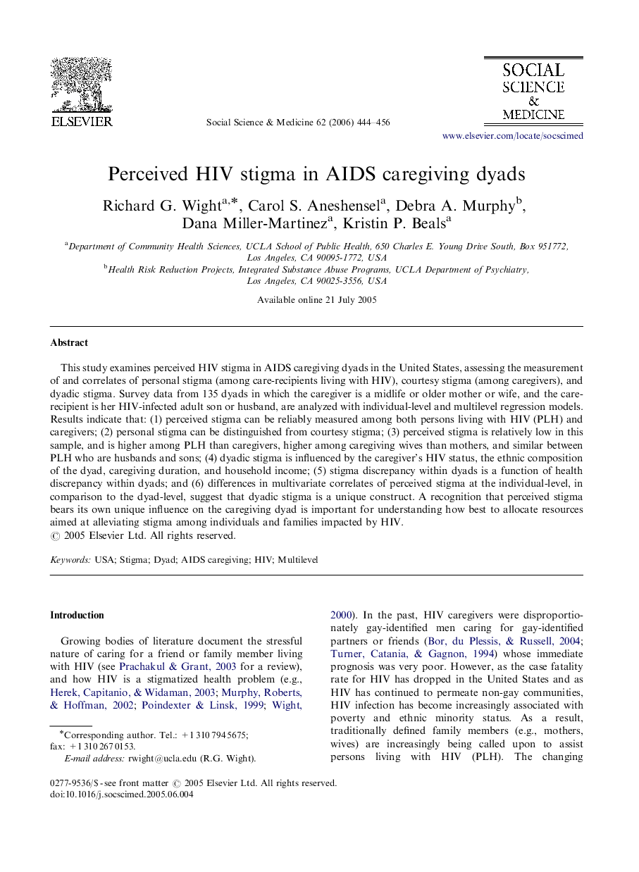 Perceived HIV stigma in AIDS caregiving dyads