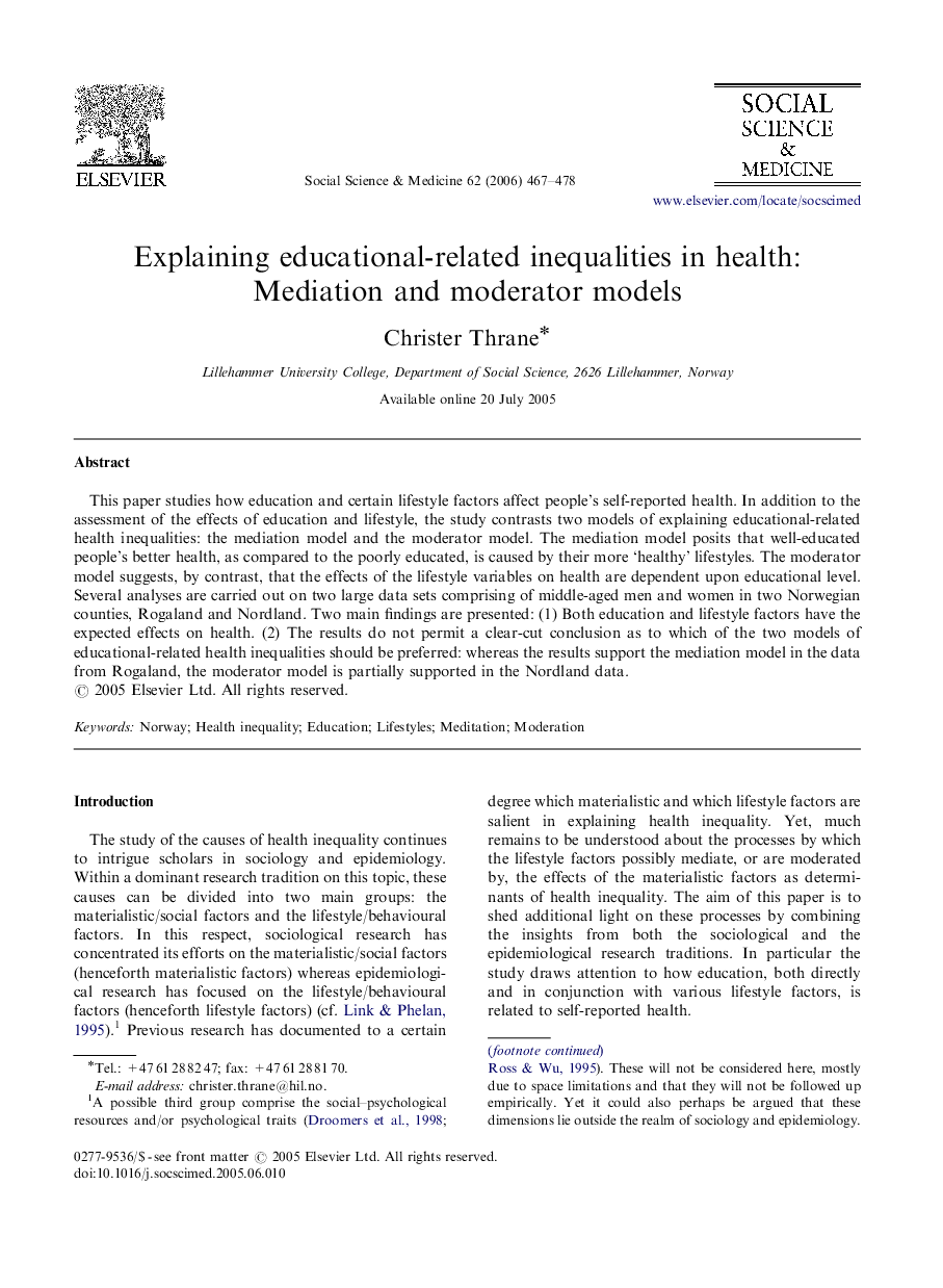Explaining educational-related inequalities in health: Mediation and moderator models