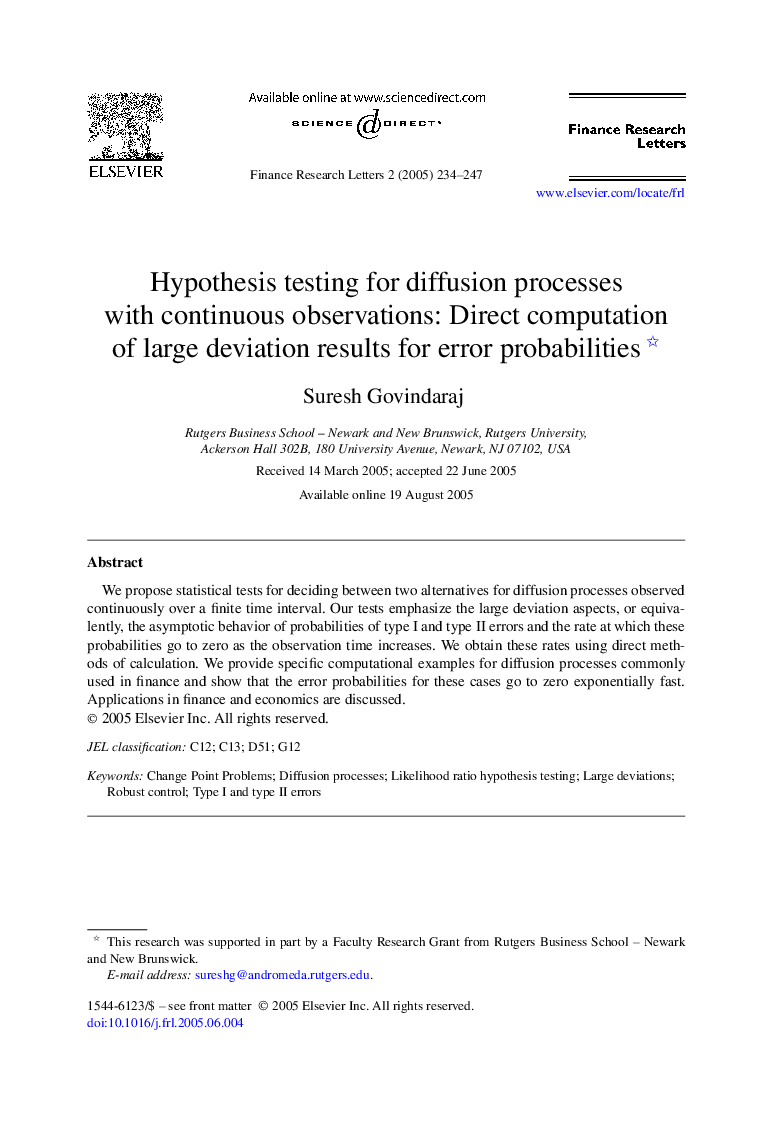 Hypothesis testing for diffusion processes with continuous observations: Direct computation of large deviation results for error probabilities