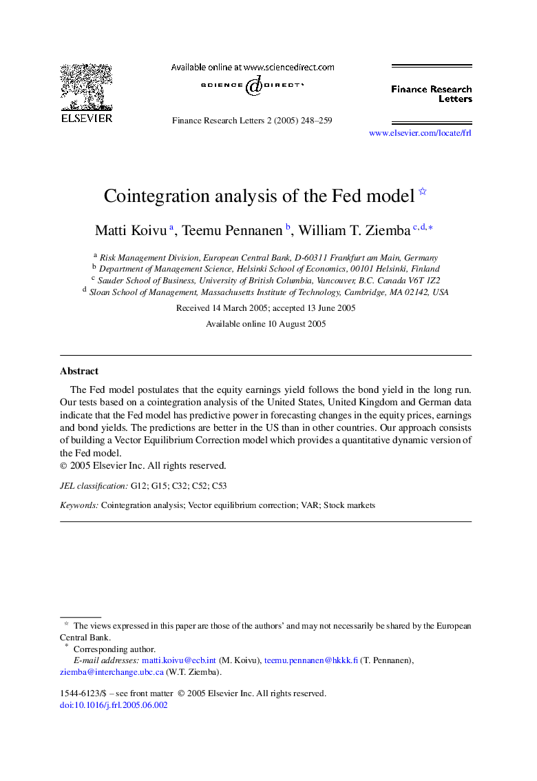 Cointegration analysis of the Fed model