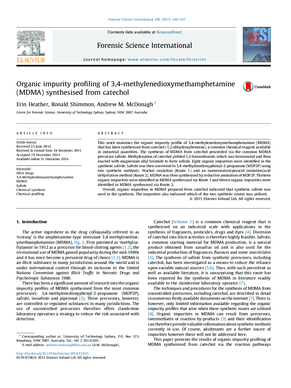 Organic impurity profiling of 3,4-methylenedioxymethamphetamine (MDMA) synthesised from catechol
