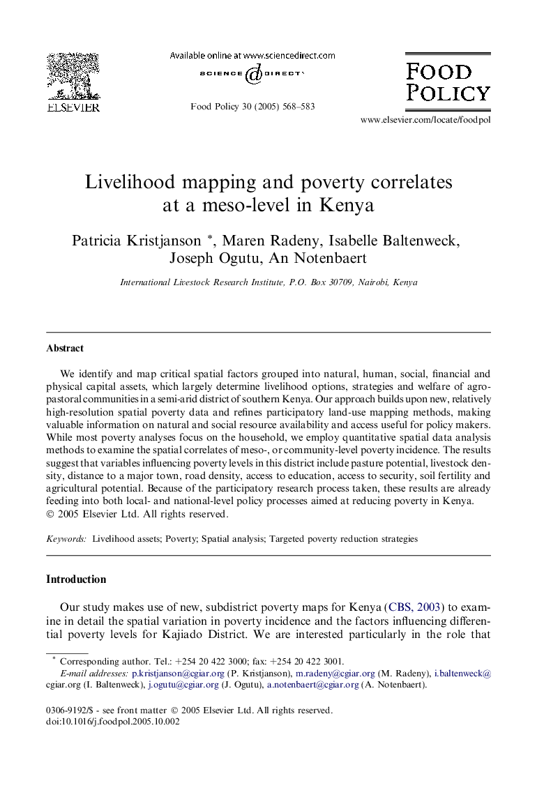 Livelihood mapping and poverty correlates at a meso-level in Kenya