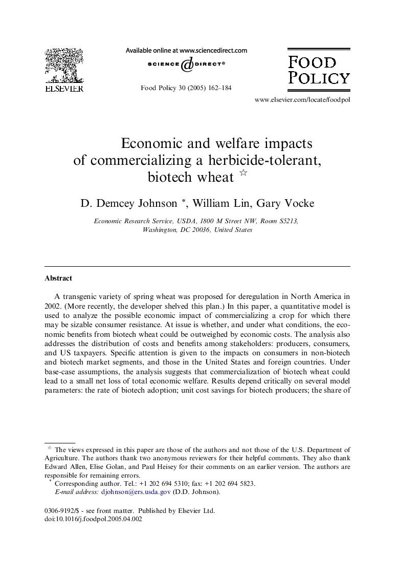 Economic and welfare impacts of commercializing a herbicide-tolerant, biotech wheat