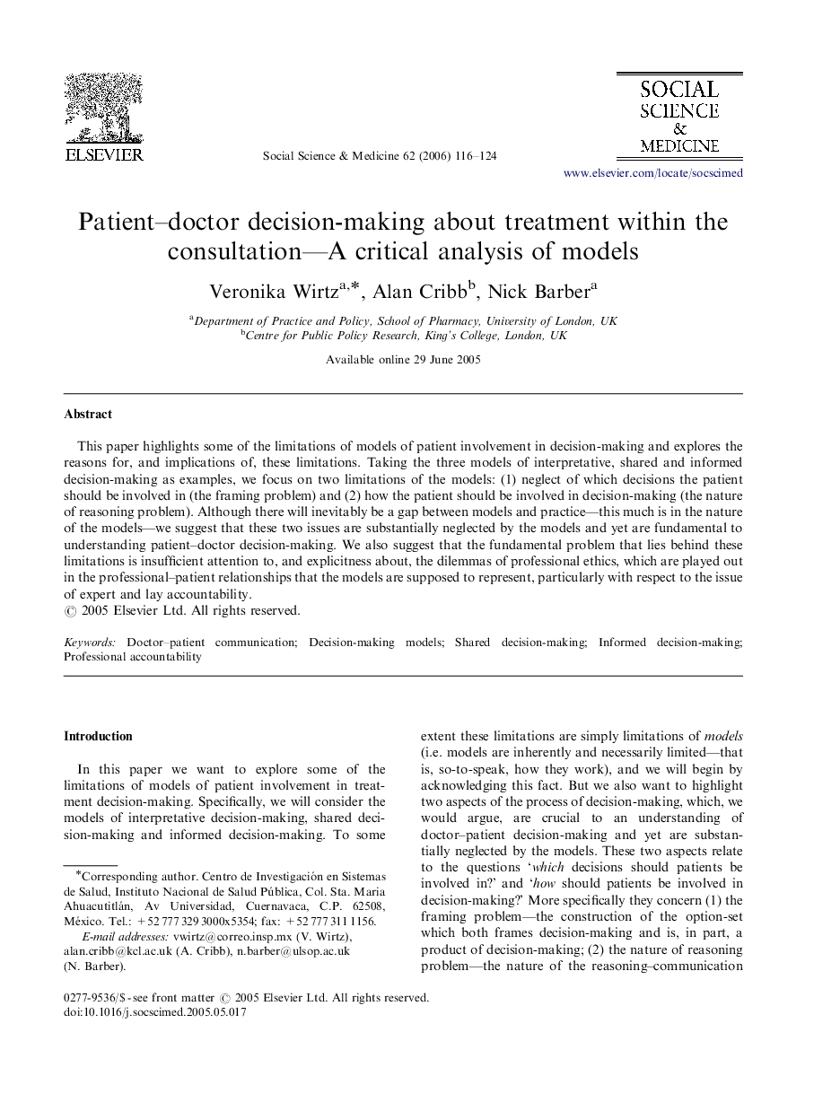 Patient–doctor decision-making about treatment within the consultation—A critical analysis of models