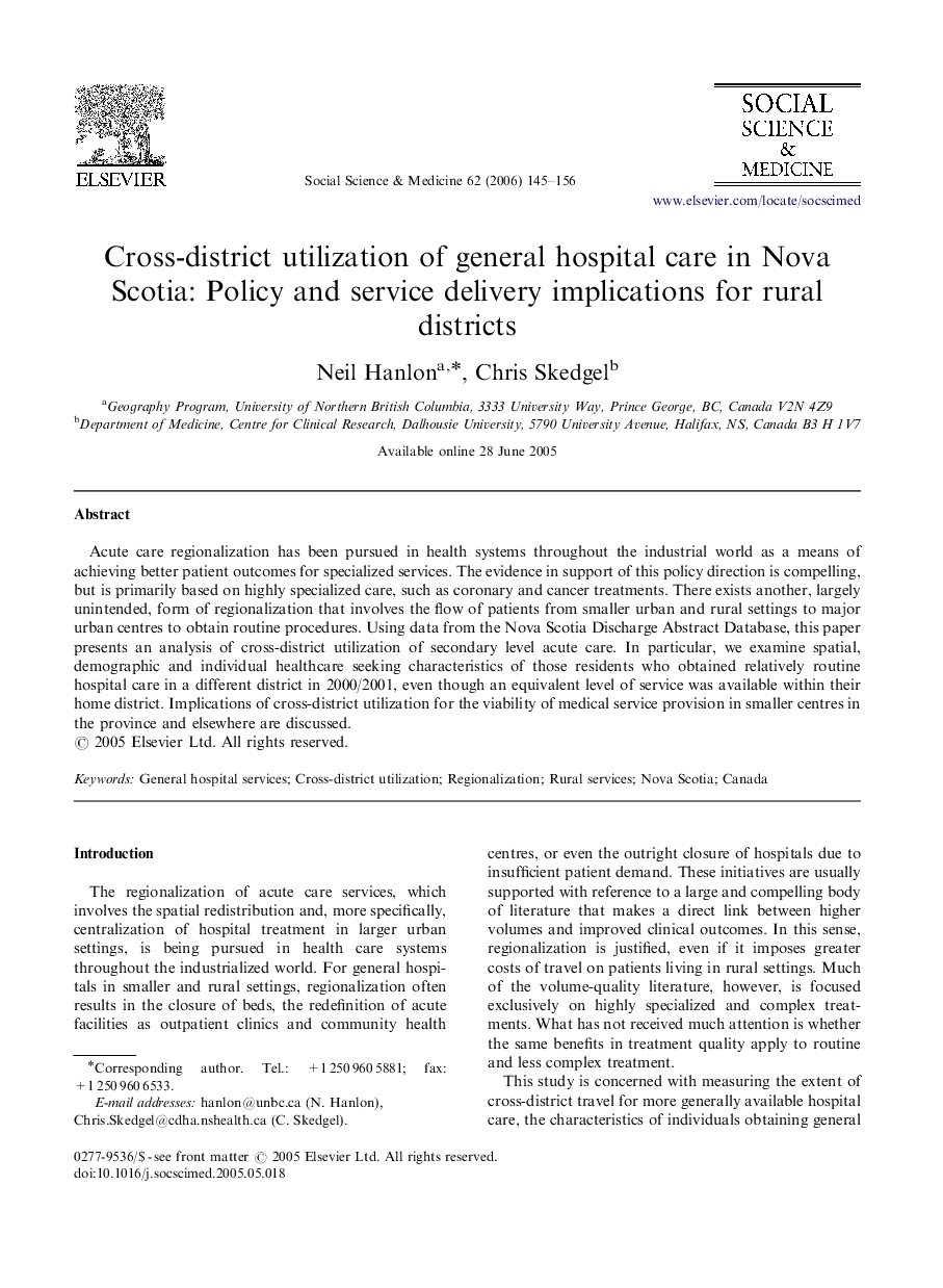 Cross-district utilization of general hospital care in Nova Scotia: Policy and service delivery implications for rural districts
