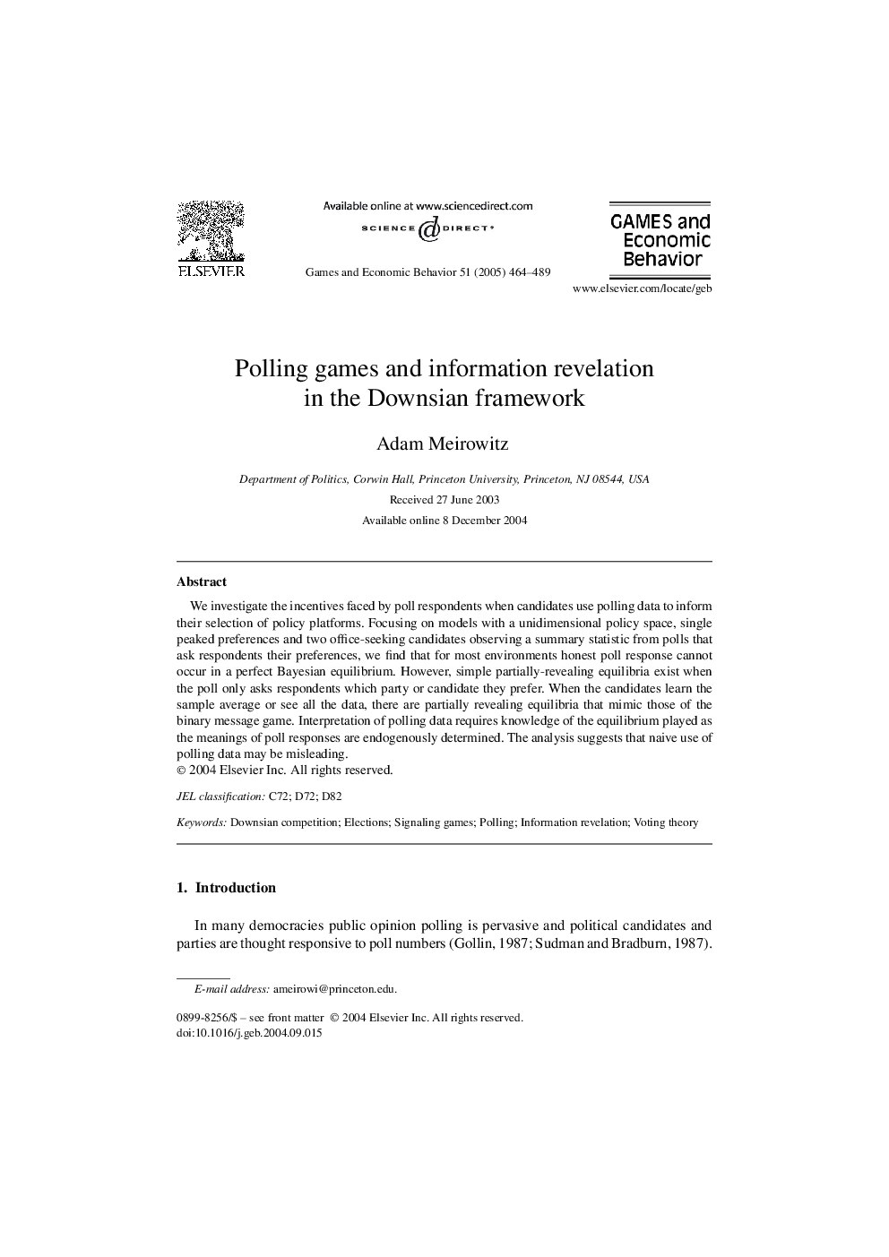 Polling games and information revelation in the Downsian framework