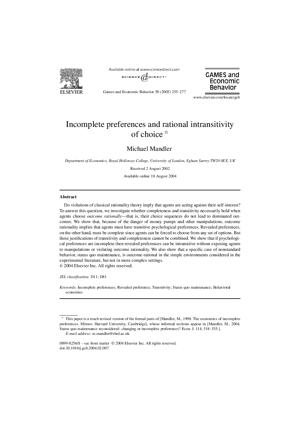 Incomplete preferences and rational intransitivity of choice