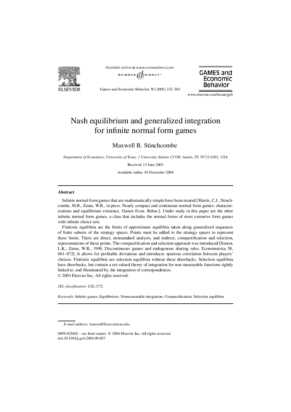 Nash equilibrium and generalized integration for infinite normal form games