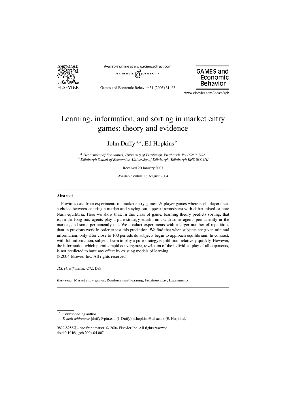 Learning, information, and sorting in market entry games: theory and evidence