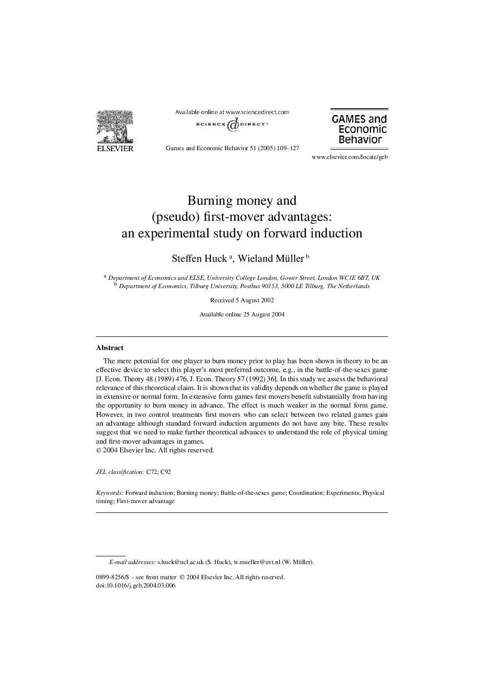 Burning money and (pseudo) first-mover advantages: an experimental study on forward induction