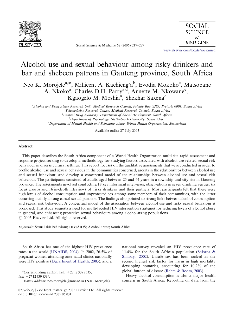 Alcohol use and sexual behaviour among risky drinkers and bar and shebeen patrons in Gauteng province, South Africa