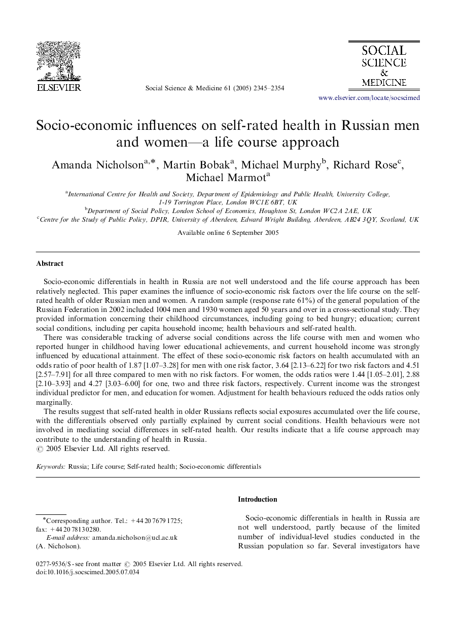 Socio-economic influences on self-rated health in Russian men and women—a life course approach