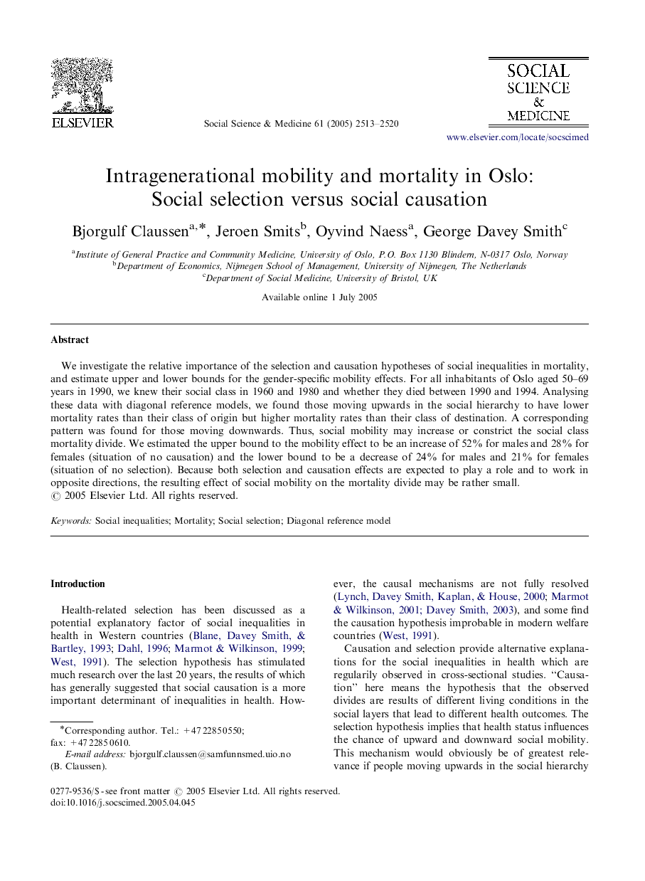 Intragenerational mobility and mortality in Oslo: Social selection versus social causation