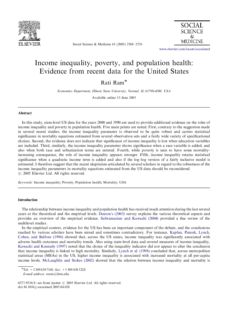 Income inequality, poverty, and population health: Evidence from recent data for the United States