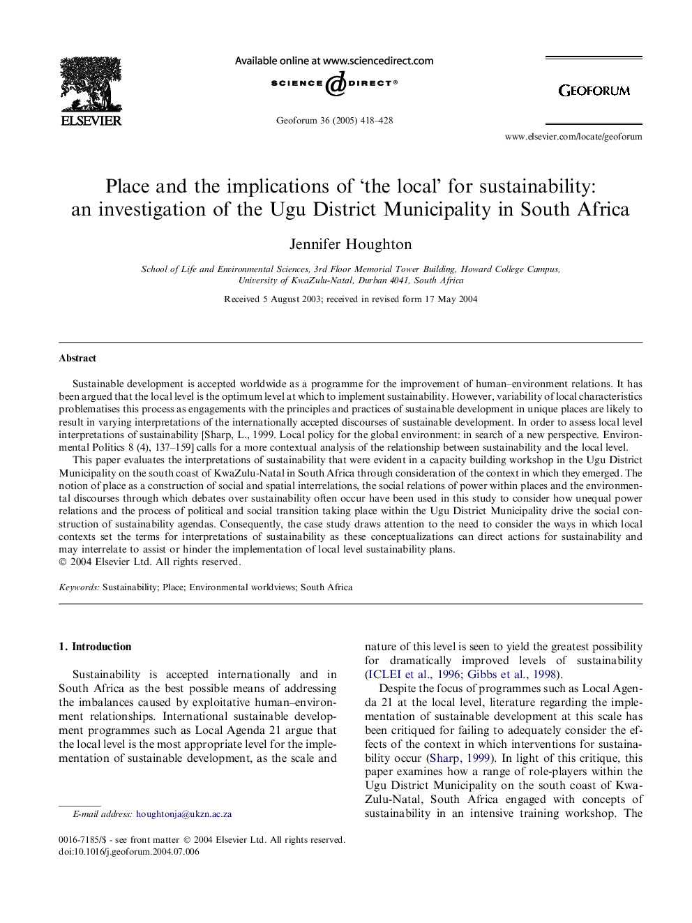 Place and the implications of 'the local' for sustainability: an investigation of the Ugu District Municipality in South Africa