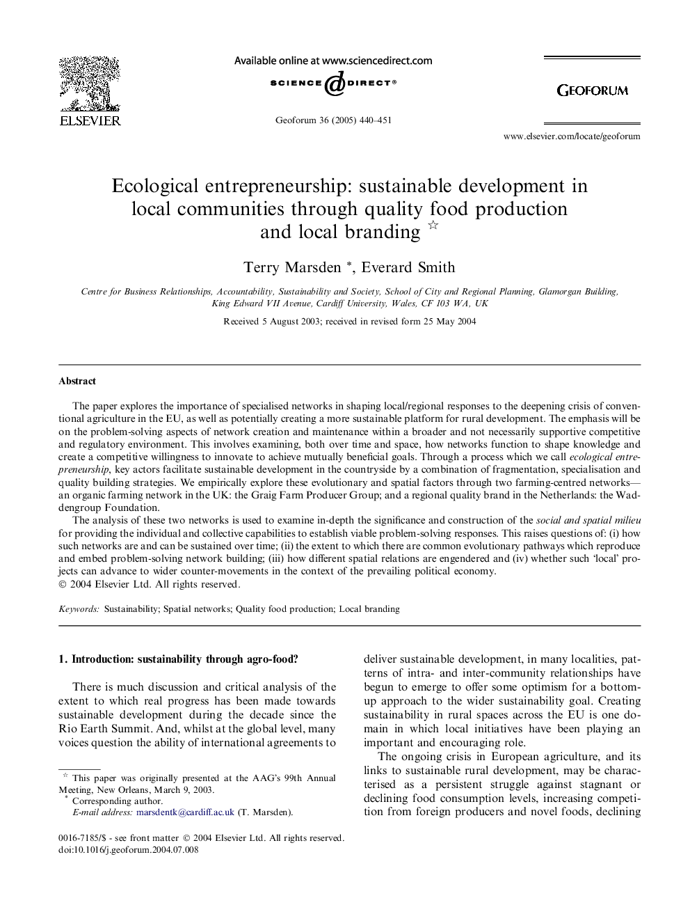 Ecological entrepreneurship: sustainable development in local communities through quality food production and local branding