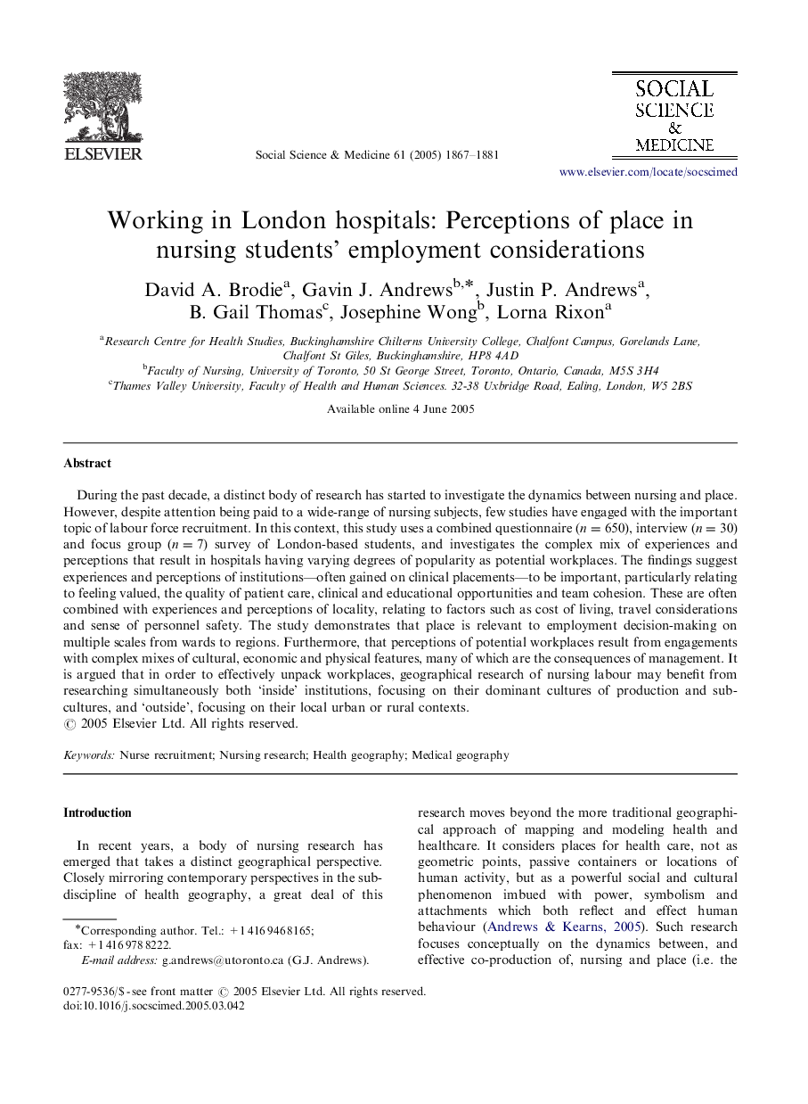 Working in London hospitals: Perceptions of place in nursing students’ employment considerations