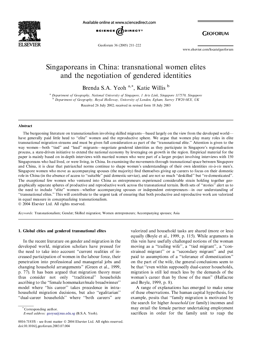 Singaporeans in China: transnational women elites and the negotiation of gendered identities