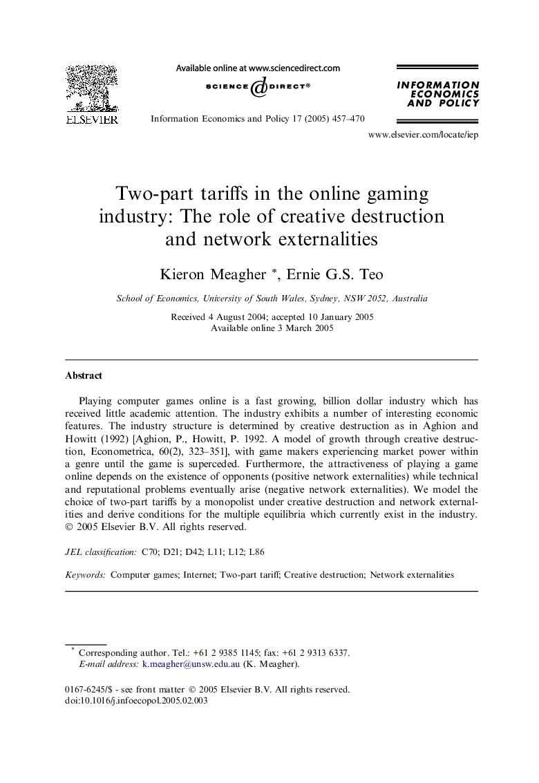 Two-part tariffs in the online gaming industry: The role of creative destruction and network externalities