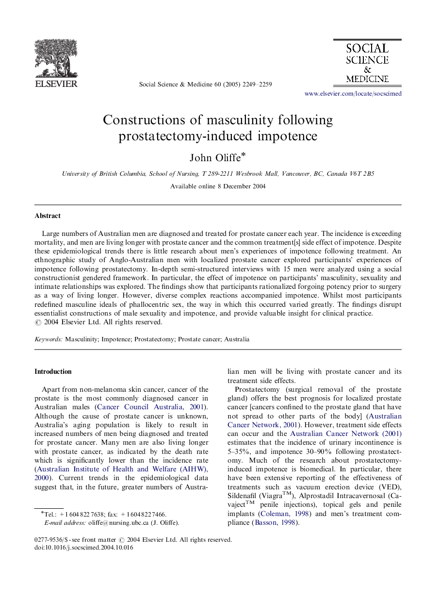 Constructions of masculinity following prostatectomy-induced impotence