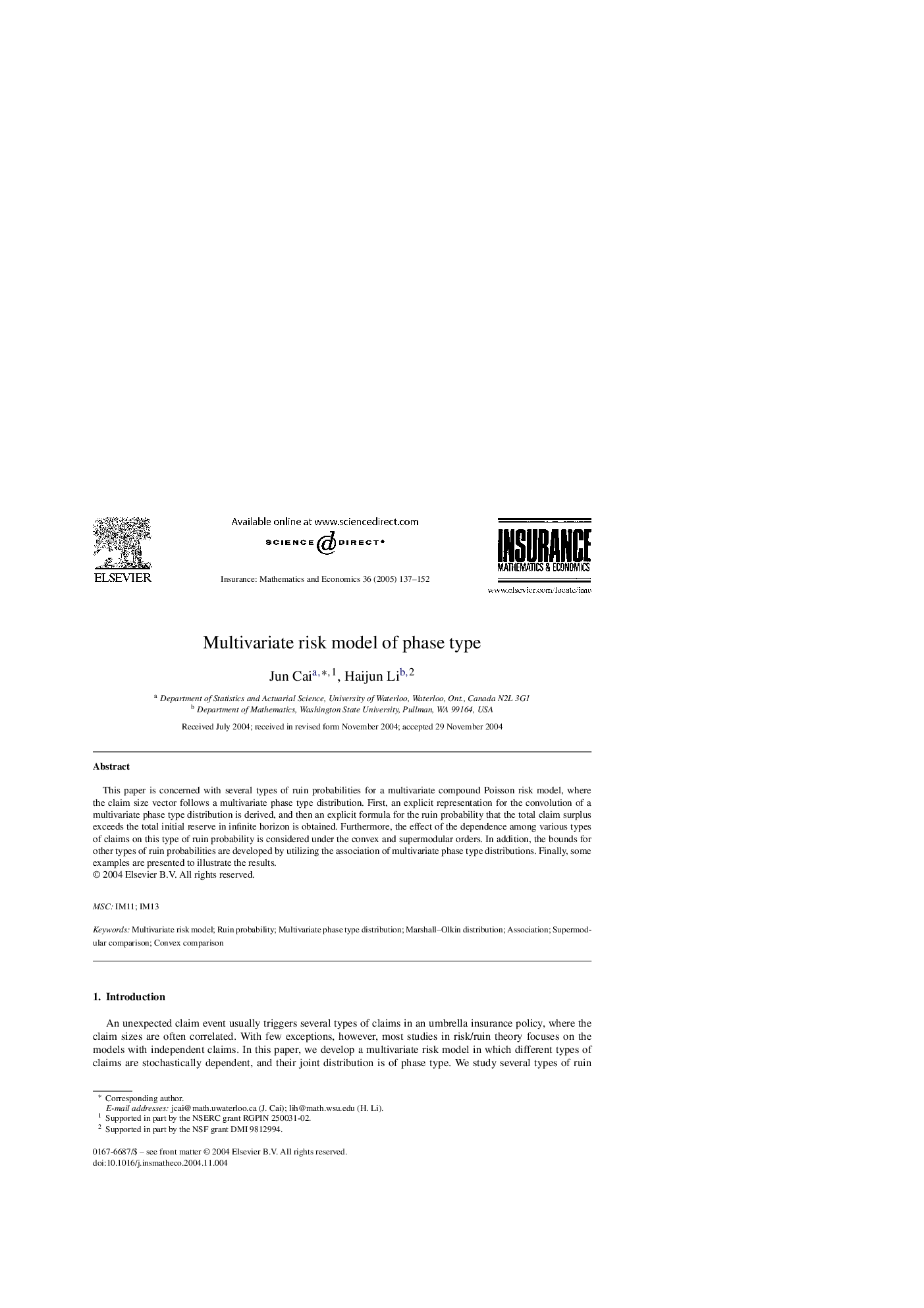 Multivariate risk model of phase type