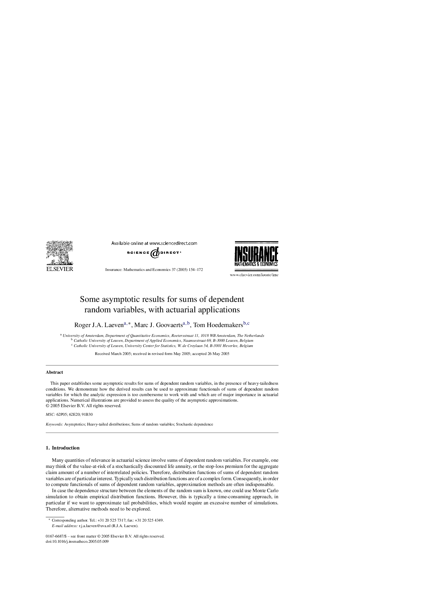 Some asymptotic results for sums of dependent random variables, with actuarial applications