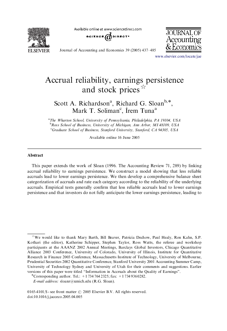 Accrual reliability, earnings persistence and stock prices