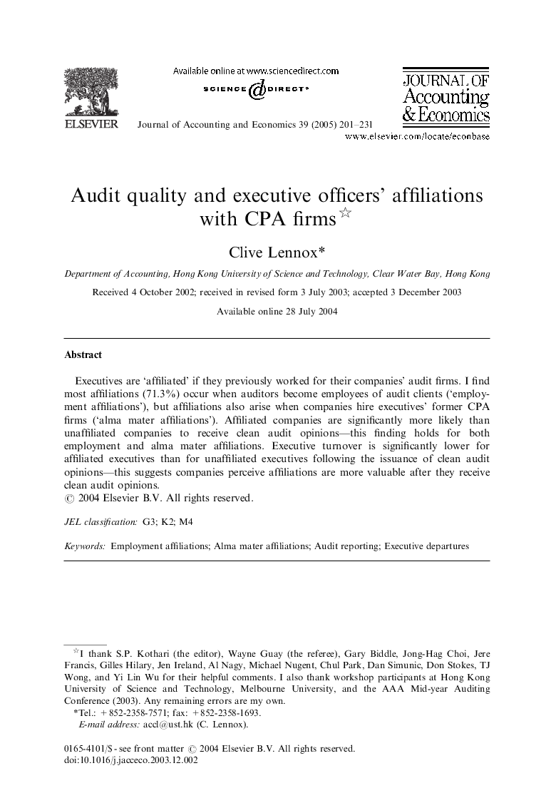 Audit quality and executive officers' affiliations with CPA firms