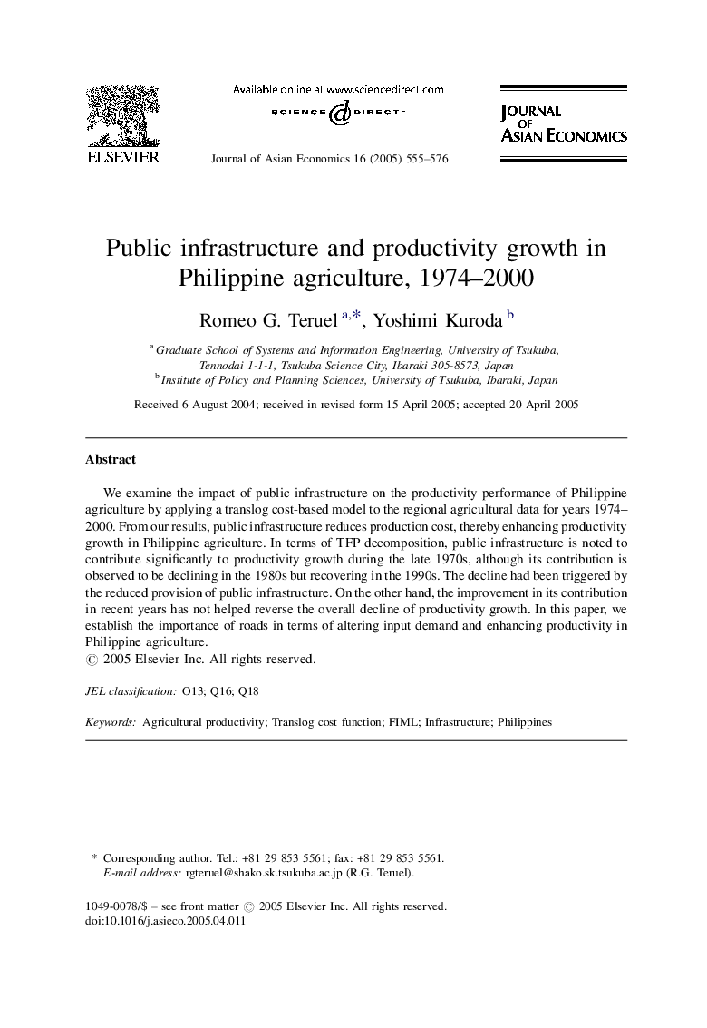 Public infrastructure and productivity growth in Philippine agriculture, 1974-2000