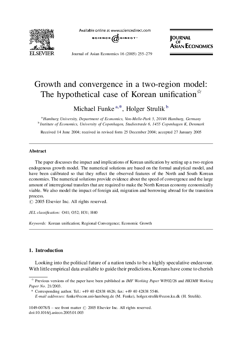 Growth and convergence in a two-region model: The hypothetical case of Korean unification