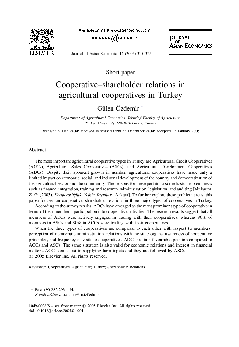 Cooperative-shareholder relations in agricultural cooperatives in Turkey