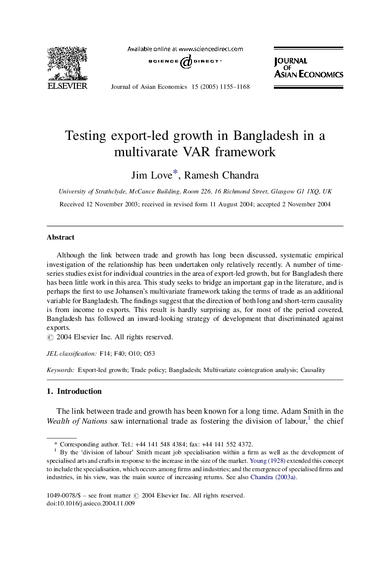 Testing export-led growth in Bangladesh in a multivarate VAR framework