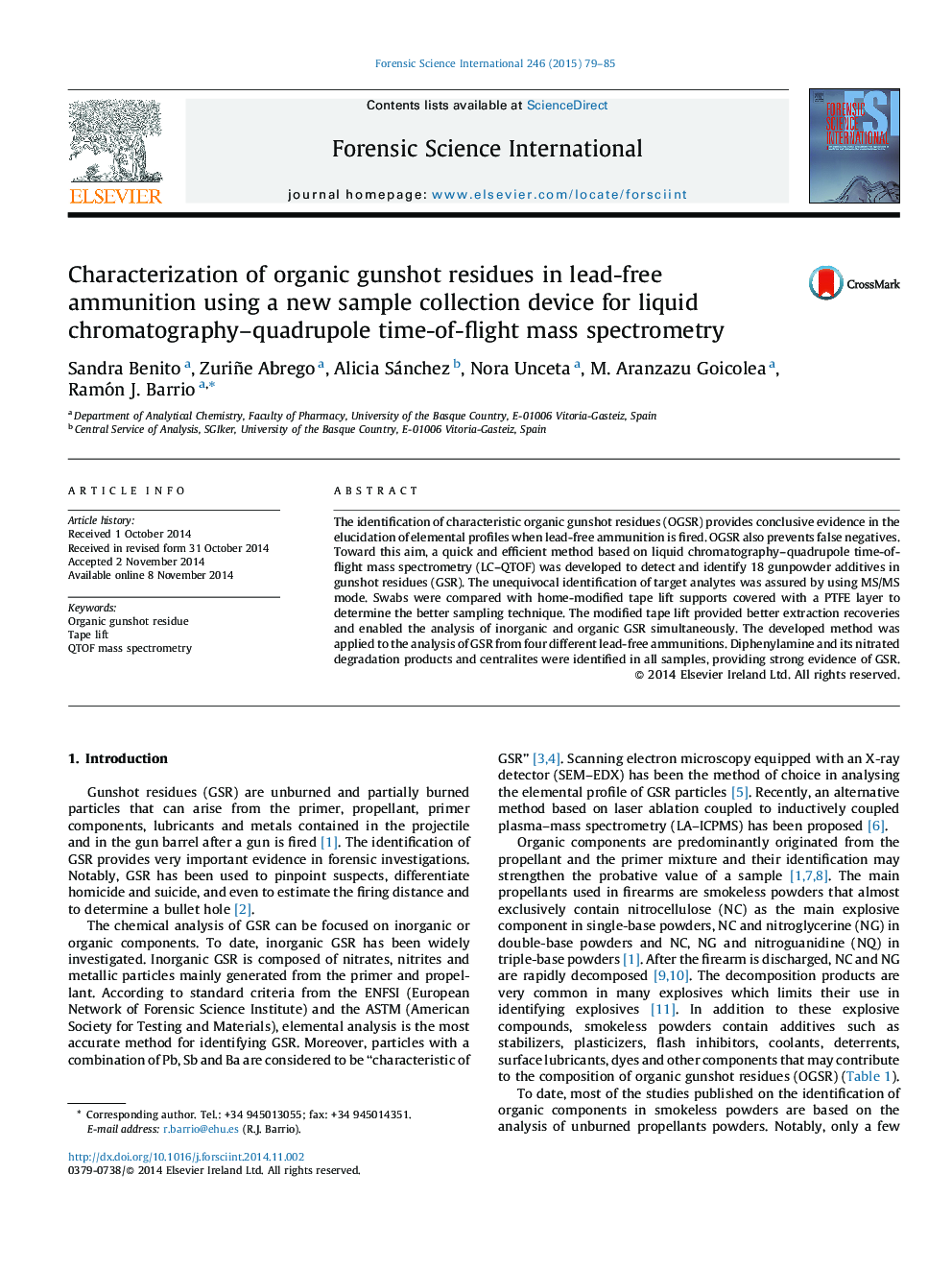 Characterization of organic gunshot residues in lead-free ammunition using a new sample collection device for liquid chromatography–quadrupole time-of-flight mass spectrometry