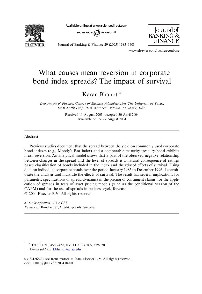 What causes mean reversion in corporate bond index spreads? The impact of survival