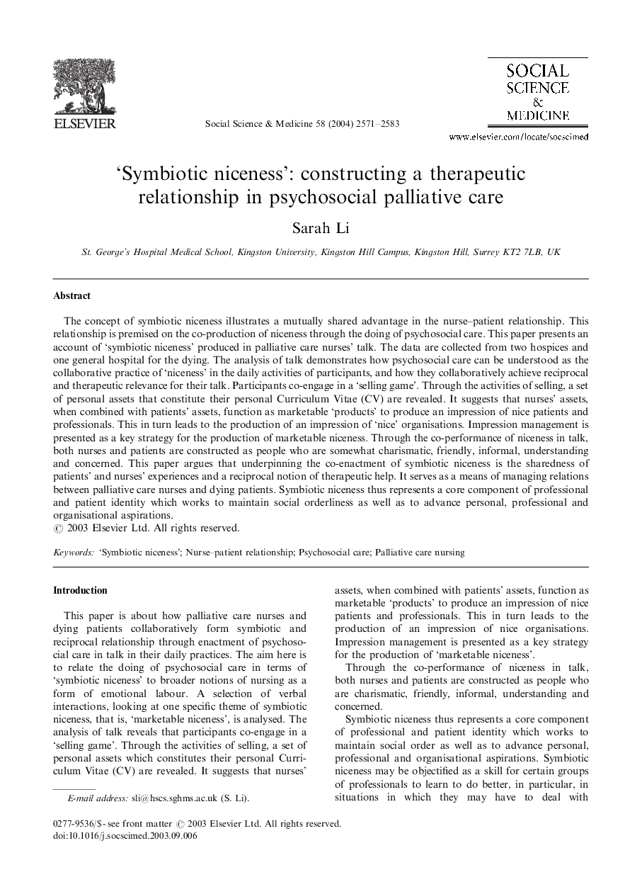 'Symbiotic niceness': constructing a therapeutic relationship in psychosocial palliative care