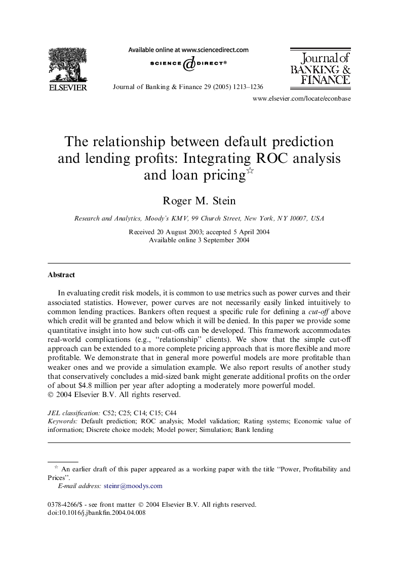 The relationship between default prediction and lending profits: Integrating ROC analysis and loan pricing