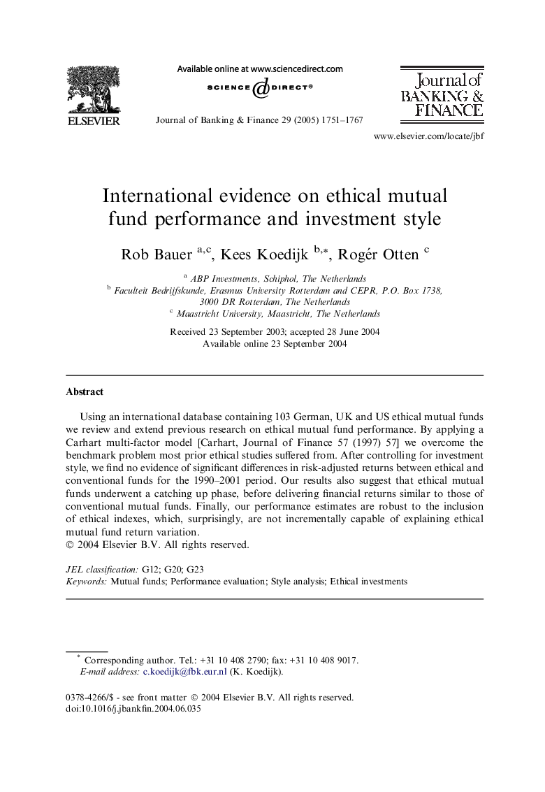 International evidence on ethical mutual fund performance and investment style