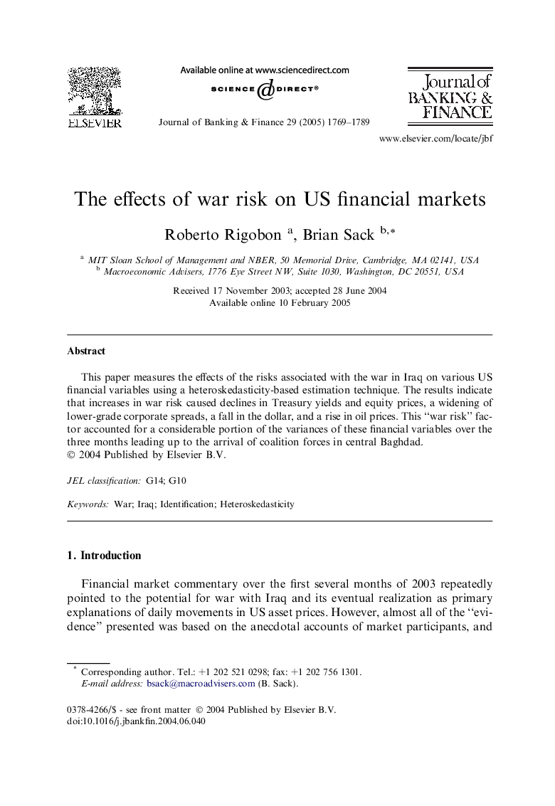 The effects of war risk on US financial markets