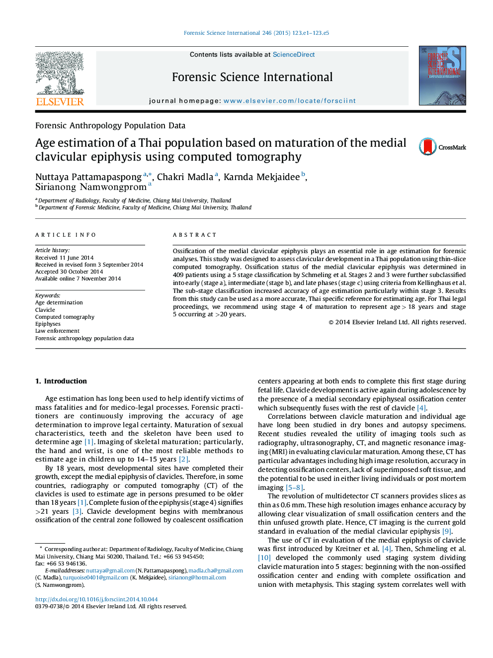 Age estimation of a Thai population based on maturation of the medial clavicular epiphysis using computed tomography