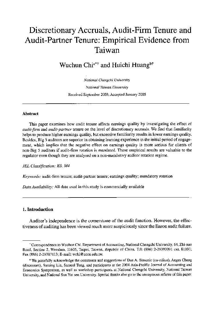 Discretionary Accruals, Audit-Firm Tenure and Audit-Partner Tenure: Empirical Evidence from Taiwan