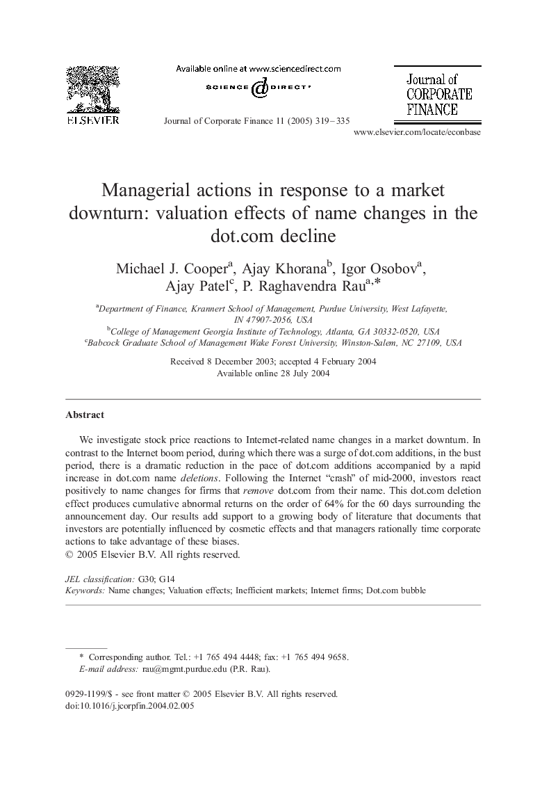 Managerial actions in response to a market downturn: valuation effects of name changes in the dot.com decline