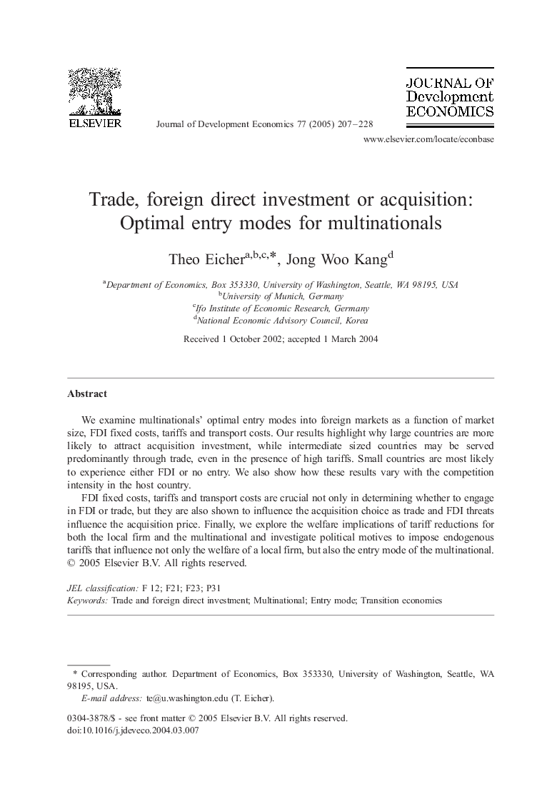 Trade, foreign direct investment or acquisition: Optimal entry modes for multinationals