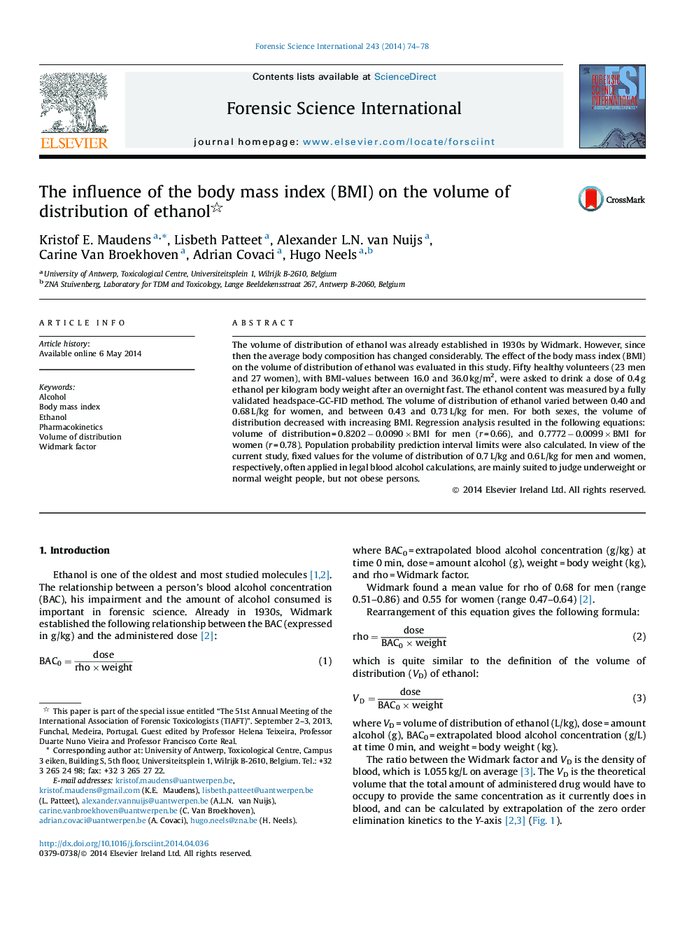 The influence of the body mass index (BMI) on the volume of distribution of ethanol 