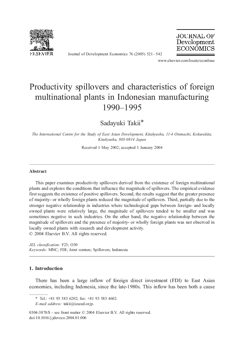 Productivity spillovers and characteristics of foreign multinational plants in Indonesian manufacturing 1990-1995