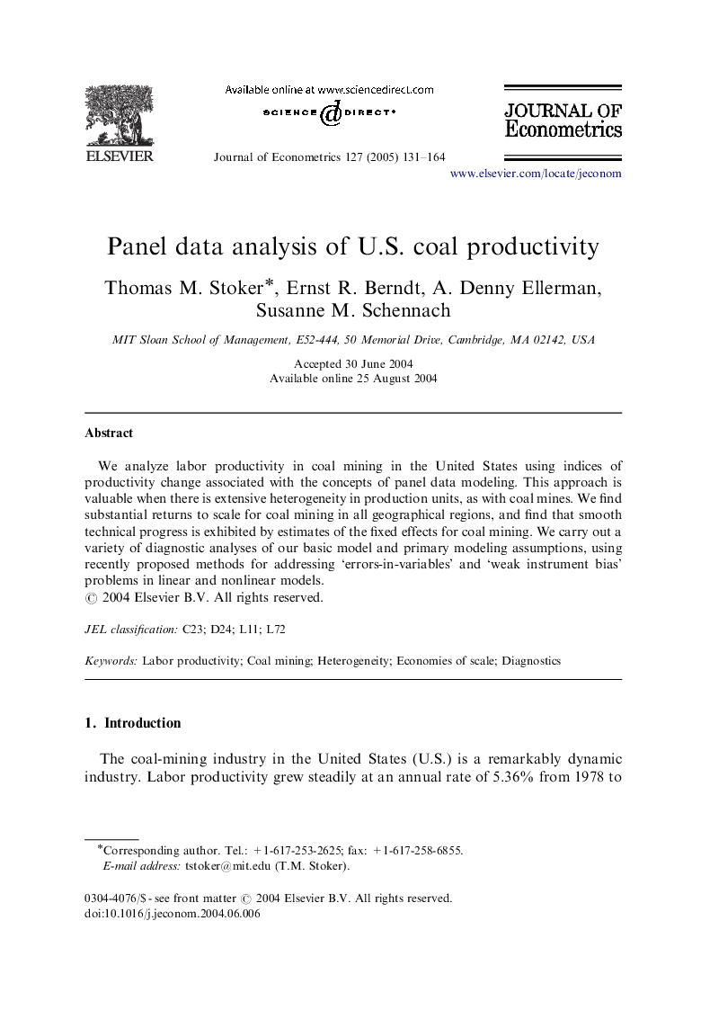 Panel data analysis of U.S. coal productivity